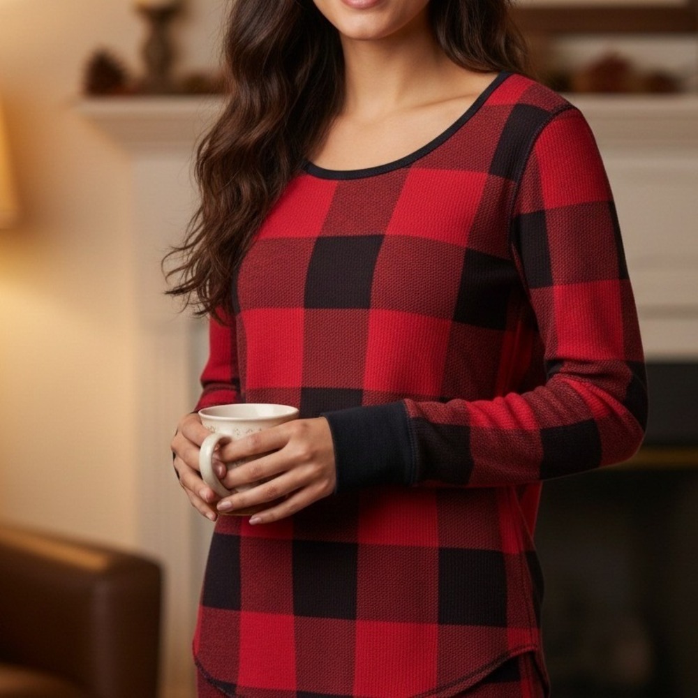Old Navy Womens Red Black Buffalo Plaid Waffle Knit Thermal Top‎ Size M Cozy